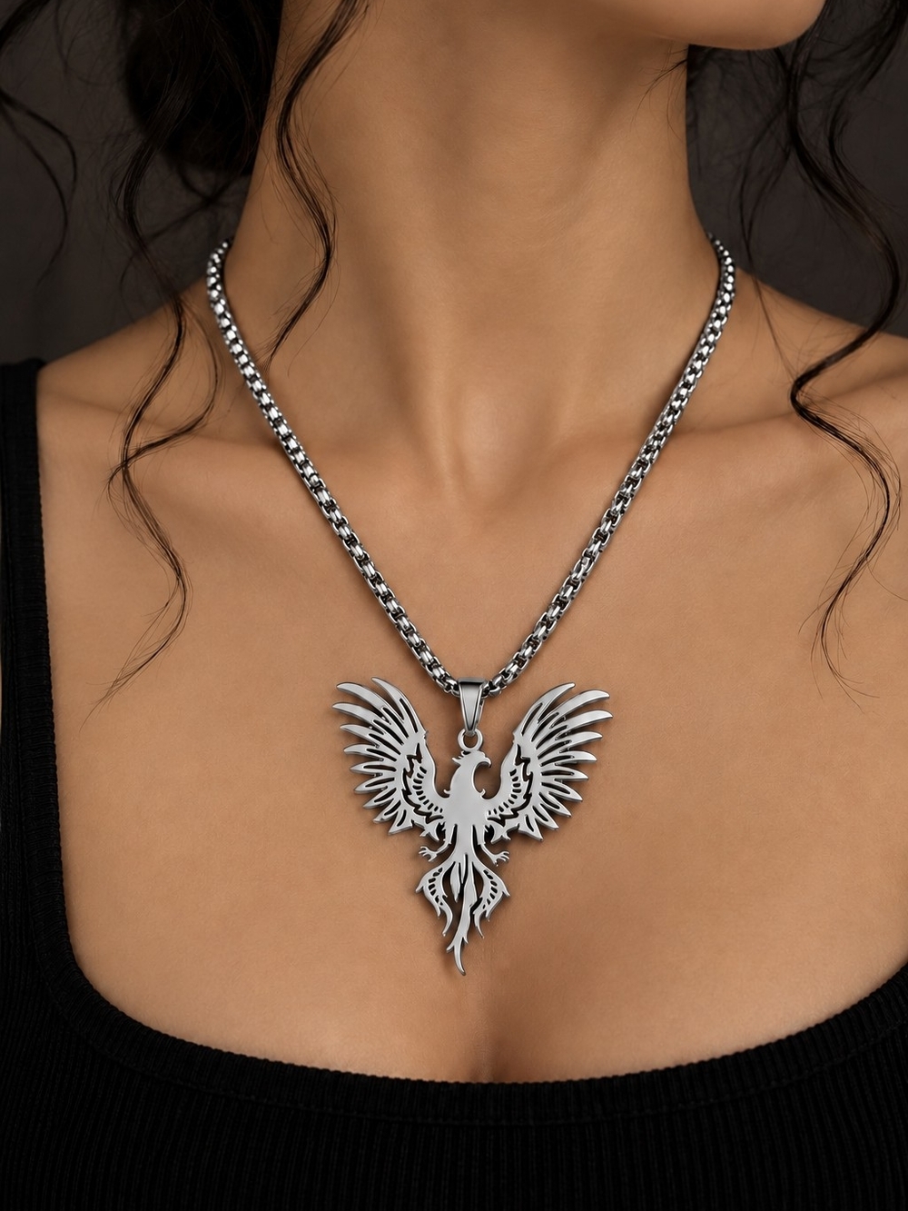 Stainless Steel Phoenix Pendant Necklace - Silver